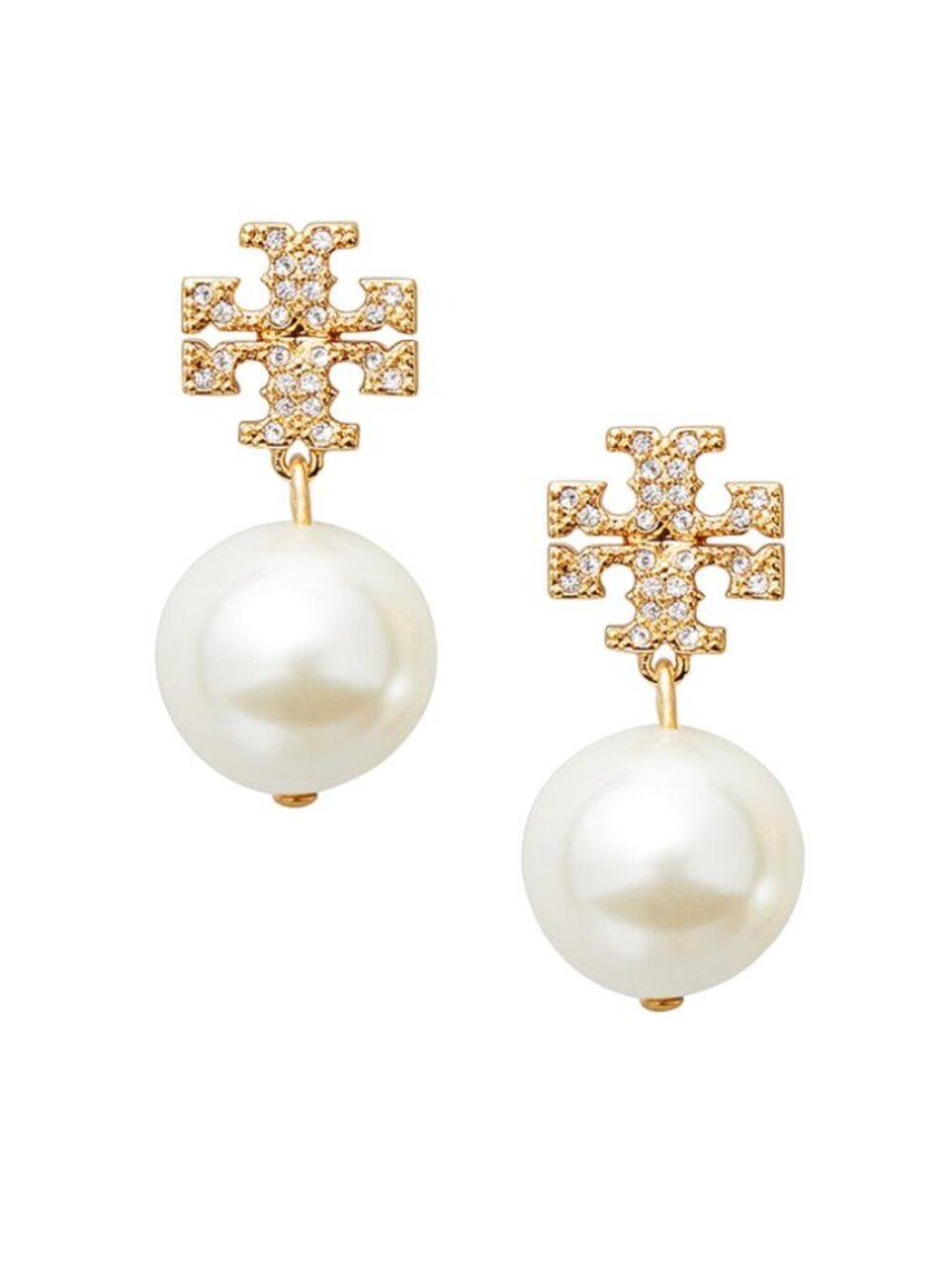 Tory Burch Logo Pearl Drop Earrings Gold Tone Statement Earrings